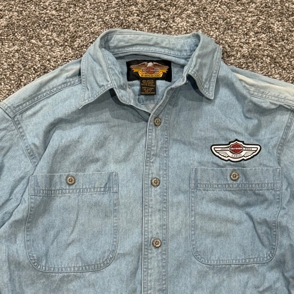 VTG Harley-Davidson 100th Anniversary Denim Shirt Mens S Blue Short Sleeve 2003 - Picture 3 of 6